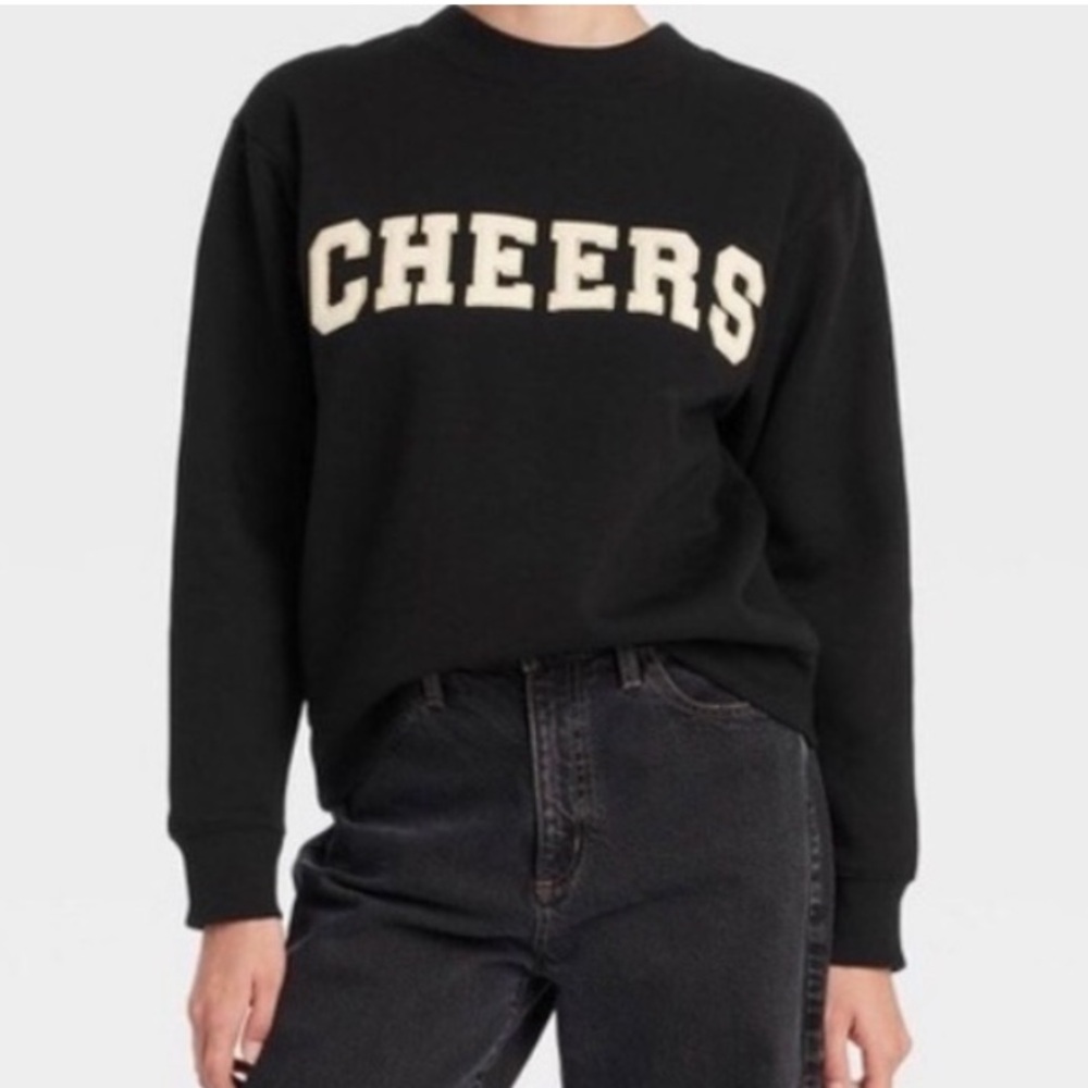 Universal Thread Black Crewneck Sweater with Cream CHEERS Graphic